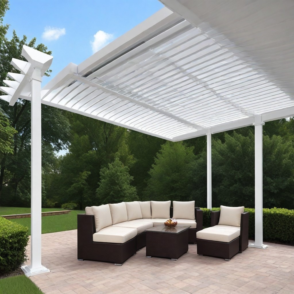  Illustration showcasing a stylish aluminum pergola designed by Om Engineers (Fabricator), featuring a sleek and modern structure providing shade and shelter in an outdoor setting.