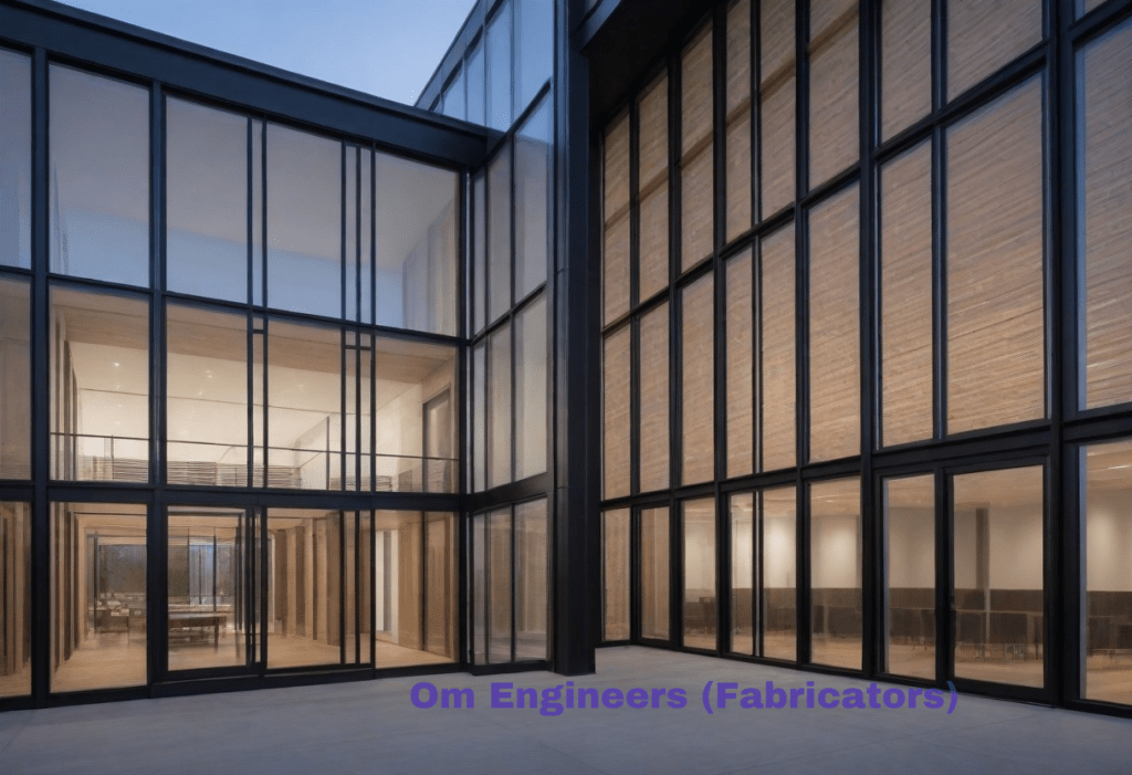  Illustration showcasing a modern building facade with a framing facade system, featuring steel beams arranged in a grid-like pattern and supporting sleek glass panels. The facade maximizes natural light and enhances the architectural aesthetics of the building.