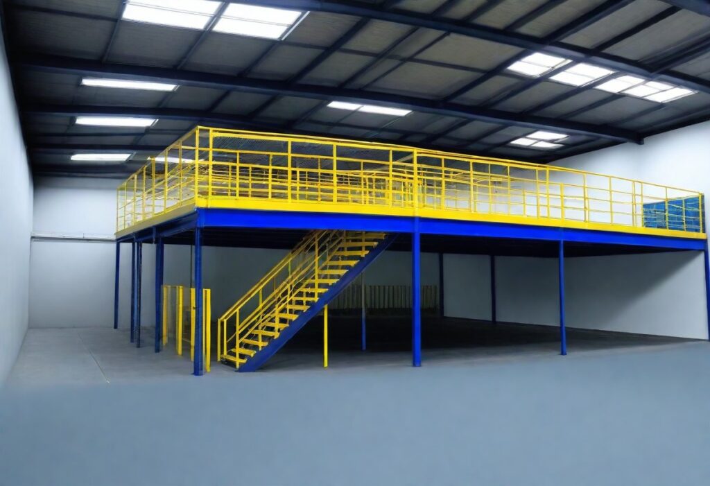 Illustration showcasing a modern industrial facility with a well-designed industrial mezzanine floor installed by Om Engineers (Fabricator). The mezzanine floor maximizes space utilization and workflow efficiency, featuring sturdy steel beams and decking materials.
