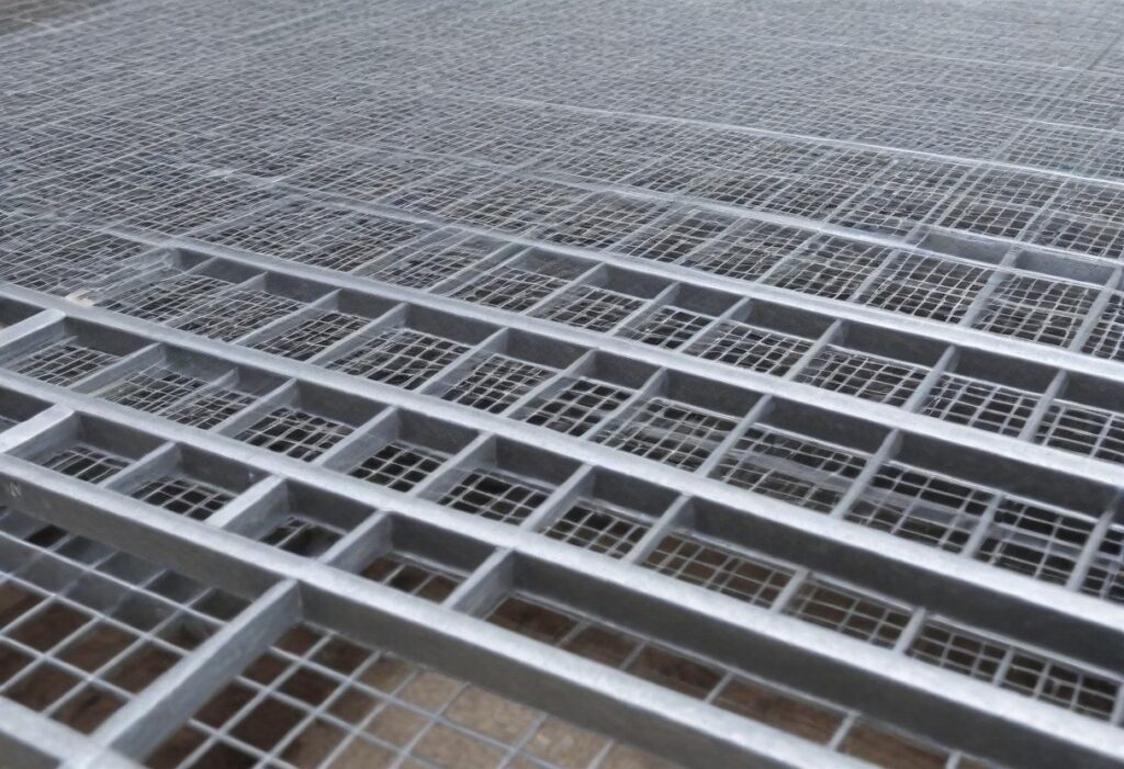 Illustration showcasing a steel grating deck installed in an industrial facility, featuring welded steel bars arranged in a grid pattern. The deck provides a durable and safe flooring solution, ensuring stability and functionality in high-traffic environments.