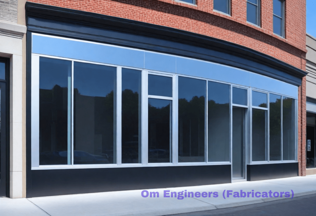 Illustration of a modern storefront with a sleek curtain facade, featuring expansive glass panels and aluminum framing. The facade maximizes natural light and enhances the visual appeal of the commercial space.