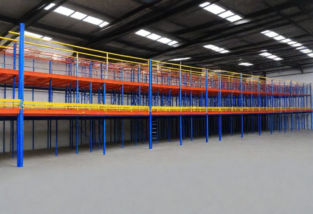 Illustration showcasing a warehouse interior with a sturdy mezzanine floor structure installed, providing additional storage space. The mezzanine floor features steel beams, columns, and decking materials, optimizing space utilization within the warehouse.