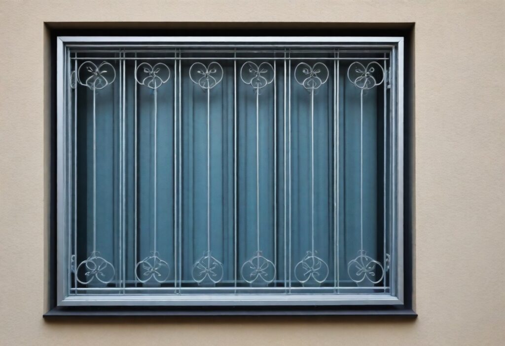 Illustration showcasing a decorative window grill crafted with intricate metalwork, adding elegance and security to a building's facade